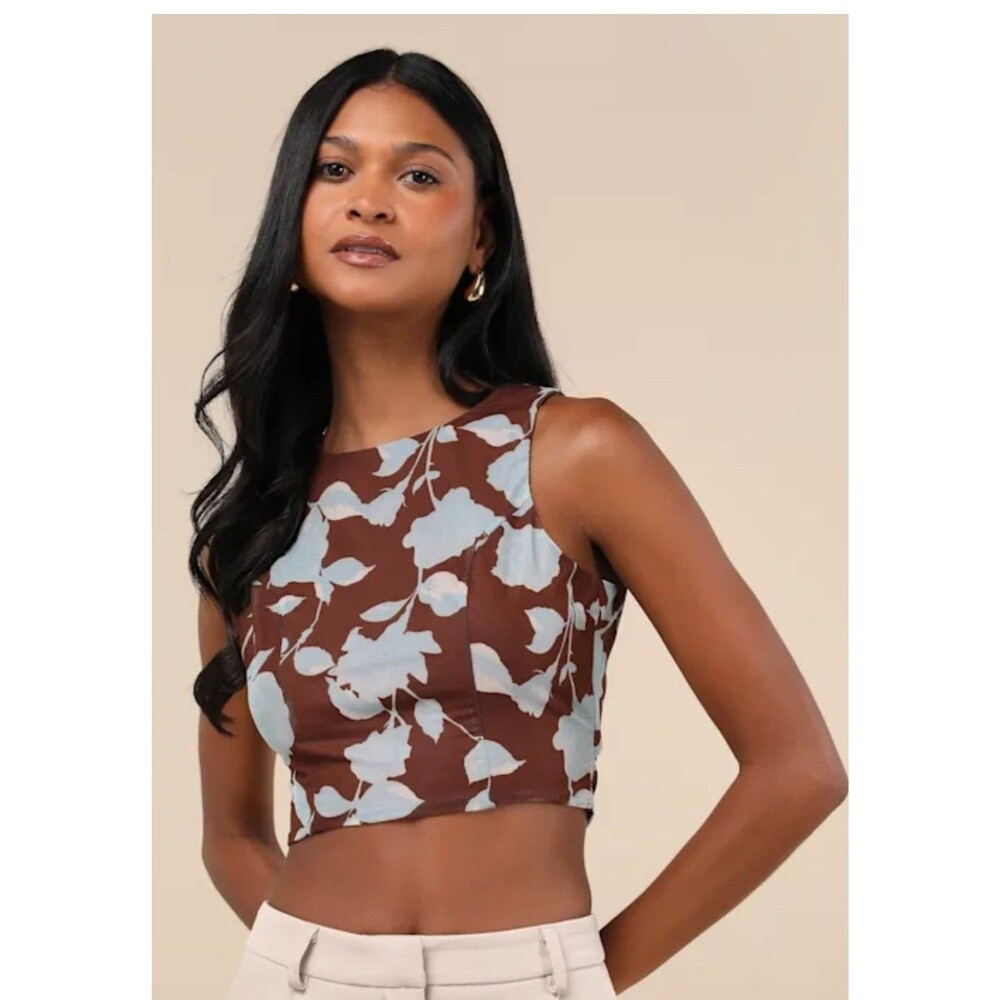 LULUS Coveted Essence Brown Floral Sz S Mesh Cutout Tie-Back Crop Tank Top NWT
